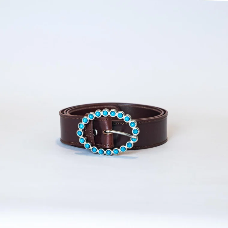 Cinturón Clásico Marrón Perla Azul Circular
