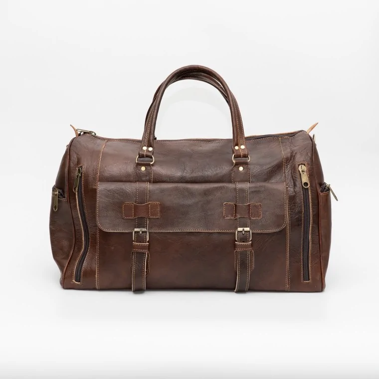 Bolso de Viaje de Piel Marrón con Bolsillos y Cremalleras