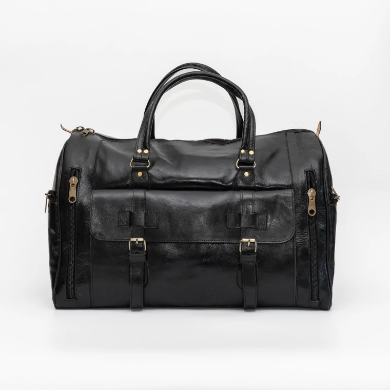 Bolso de Viaje de Piel Negro con Bolsillos y Cremalleras