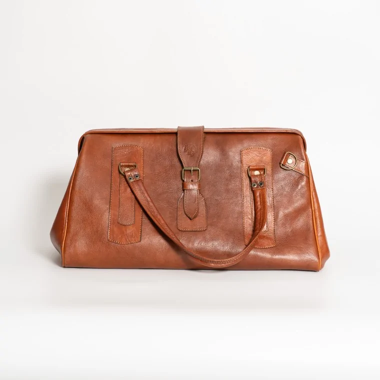 Bolso de Viaje de Piel Marrón Claro con Apertura Amplia